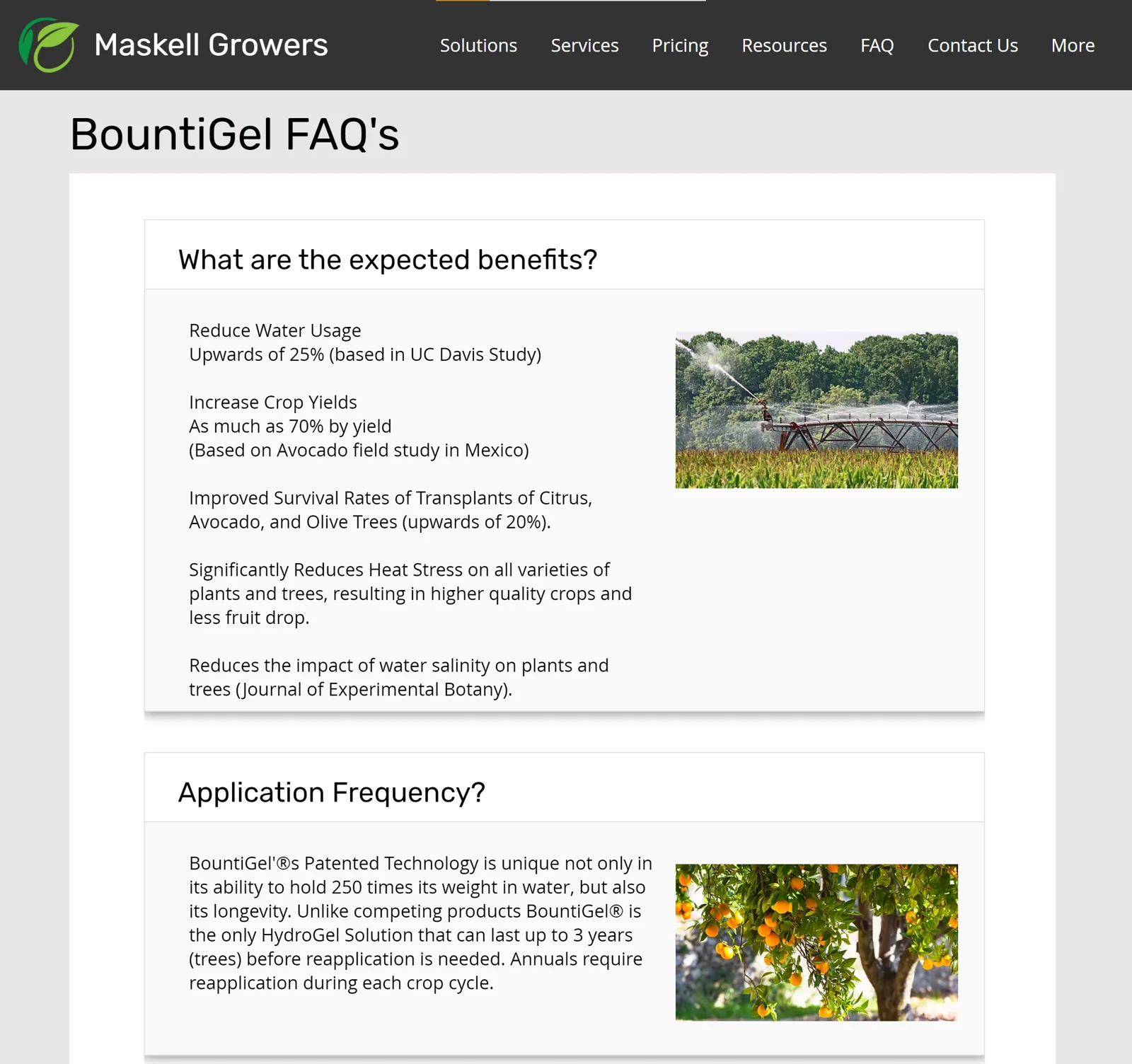 Maskell Growers FAQ page within the Wix website