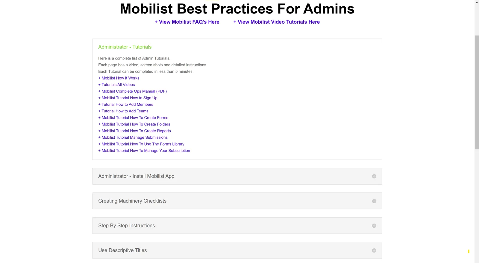 Mobilist support and training content organized in WordPress